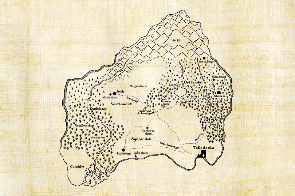 Karta över ön Aurinma i fantasyvärlden Yddrios