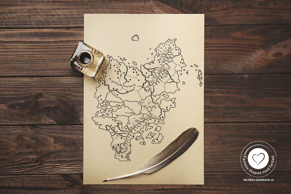 En karta över Yddrios kontinent på ett bord tillsammans med bläckhorn och fjäderpenna.